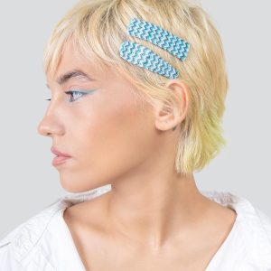 Chapras Hand-embroidered Pair of Hair Pins on model - Blue